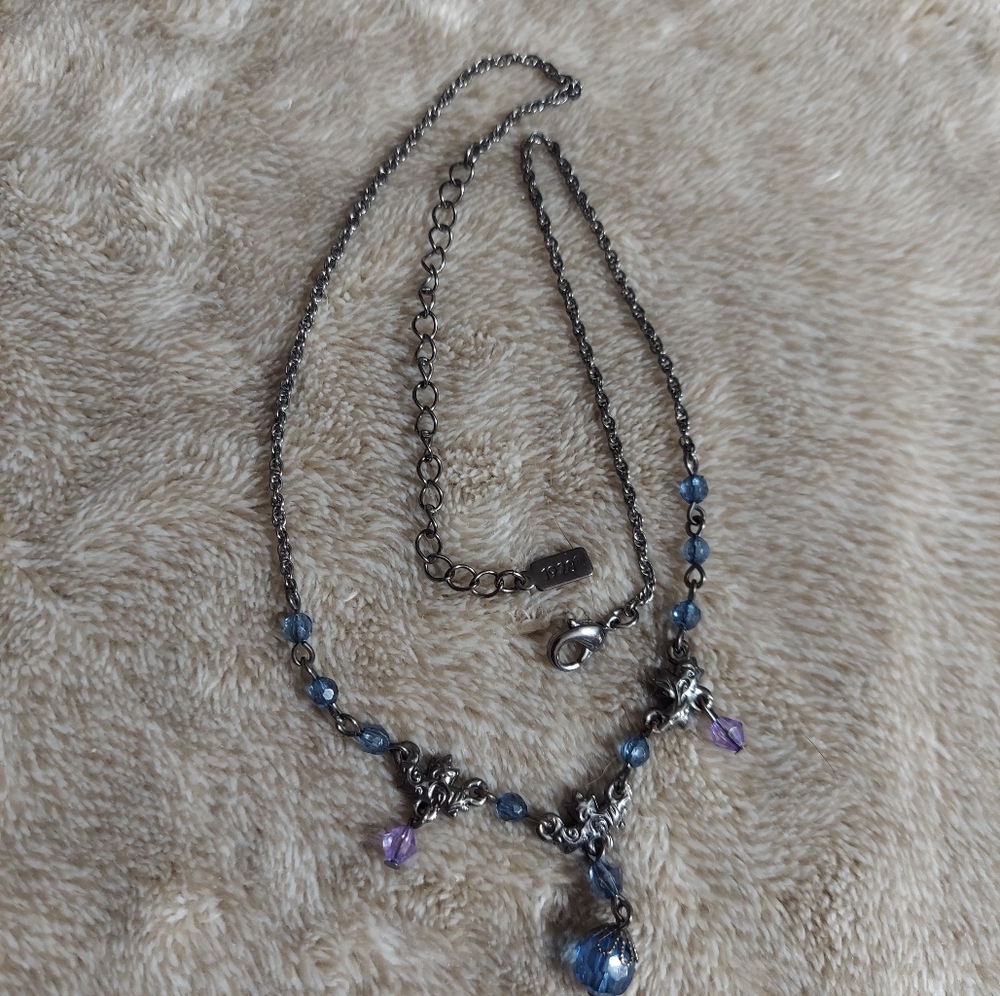 '1928' Textured Gun Metal Black/Faceted Blue & Purple Crystal Floret Necklace - Picture 6 of 8